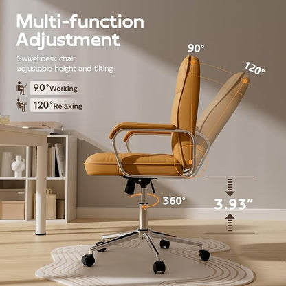 HomeZeer Brown Office Chair, Mid Back Leather Desk Chair with Wheels and Padded Arms, Swivel Vanity Chair for Bedroom, Computer Chair for Study and Work