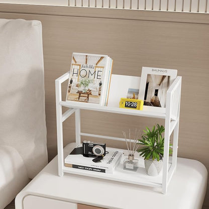 ELITEROO Desktop Bookshelf Organizer, 2 Tier Wood Desk Shelf for Tabletop Storage, Small Book Rack for Office, Home, or Study, Mini Bookcase for Book Display, Decor, and Supplies, White