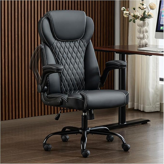 amseatec Office Chair, Executive PU Leather Chair, Ergonomic Computer Desk Chair with Lumbar Support and Adjustable Flip-Up Arms, Rocking Task Chair, Black