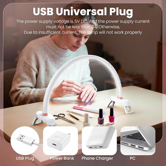 Yokilly Arc Half Moon Light: 16" Half Moon Light with Foldable Bracket for Desk Salon Table Use - No Flicker & Shadow-Free Desk Lamp with Stepless Brightness 3000-6500K for Manicurist Nail Tech