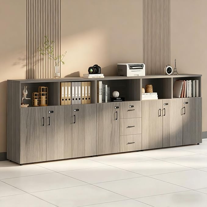 File Cabinet with Password Lock, Wood Lateral Filing Cabinet for Letter/A4 Files, 3 Drawer with Door, Printer Stand with Open Shelves for Home Office