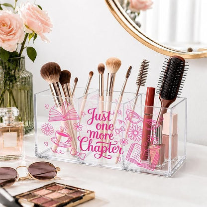 Fun Just One More Chapter Acrylic Organizer, 3 Compartment Desk & Makeup Storage Box for Book Lover, Pen Holder for Vanity Bathroom Office, Bookish Gifts for Reader, Librarian Desk Accessories