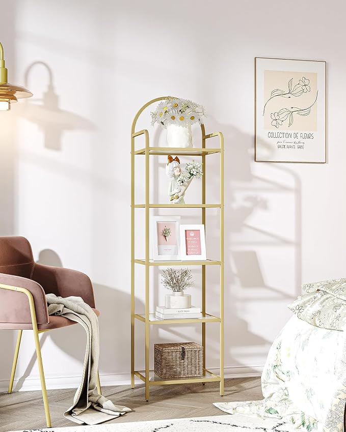 Hzuaneri Bookcase Bookshelf, Tempered Glass Bookshelves, Slim Shelving Unit for Bedroom, Bathroom, Home Office, Steel Frame, 5 Tier Gold BC05001G
