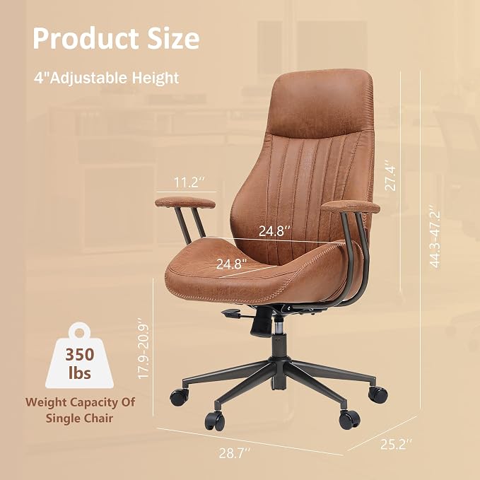 High Back Home Office Chair, Mid Century Vintage Executive Chair,Comfy Ergonomic Rolling Office Task Chair with Lumbar Support,Brown Faux Leather Office Chair,Brown