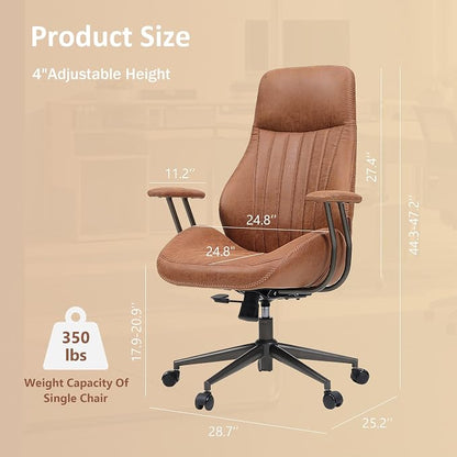 High Back Home Office Chair, Mid Century Vintage Executive Chair,Comfy Ergonomic Rolling Office Task Chair with Lumbar Support,Brown Faux Leather Office Chair,Brown