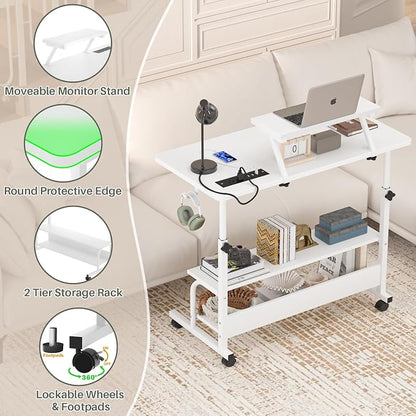 Height Adjustable Standing Desk with Power Outlets and LED Lights - 32" Manual Stand Up Desk with Monitor Stand and Storage Shelves Small Mobile Rolling Computer Desk Portable Laptop Table, White