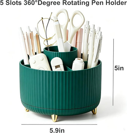 Pencil Pen Holder 5 Slots 360°Degree Rotating Pen Organizers for Desk Desktop Storage Stationery Supplies Cute Pencil Cup Pot Kids Desk Organizer for Office Home School（Green）