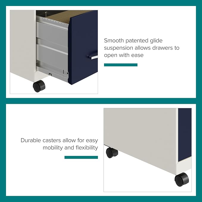 Space Solutions - 2 Drawer Fully Assembled Vertical Steel File Cabinet, Home & Small Office Use, Fits Under Most Desks, Letter-Size, Lock, Mobile, Pearl White/Navy