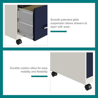 Space Solutions - 2 Drawer Fully Assembled Vertical Steel File Cabinet, Home & Small Office Use, Fits Under Most Desks, Letter-Size, Lock, Mobile, Pearl White/Navy