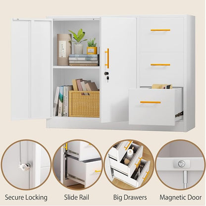 pozdeg Buffet Sideboard Cabinet with Storage, 36.61" H Kitchen Storage Pantry Cabinet with 3 Drawers, Metal Cupboard Coffee Bar Station Table for Kitchen, Living Room, Dining Room (White)