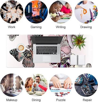 QiyI Large Mouse Pad, PU Leather Desk Blotter Protector, Waterproof Computer Desk Mat, Butterflies Keyboard Mouse Pads, Non Slip Base Home & Office Accessories, Extended Large Size 31.5" x 11.8"