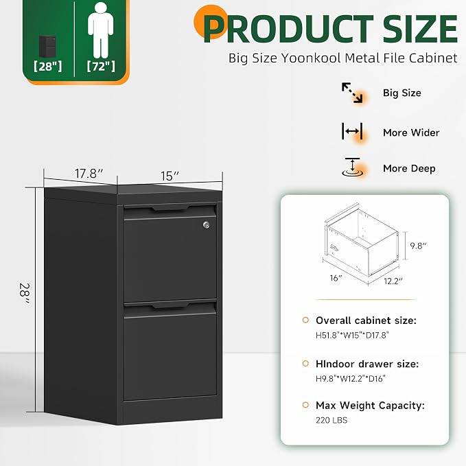 2 Drawer File Cabinet with Lock, Filing Cabinets for Home Office | Small File Cabinet Under Desk, Lockable File Cabinet, Metal File Cabinet for Letter/Legal/A4/F4 Size, Assemble Required