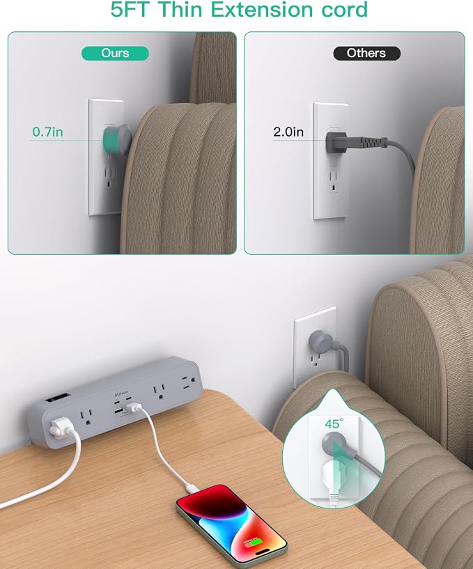 PD30W Desk Clamp Power Strip, Desktop Mount Surge Protector, Fast Charging Station, 5Ft Extension Cord Desk Mount Shelf with 4 Outlets 4 USB Ports (2 USB C), Home Office Accessories Essentials, Gray