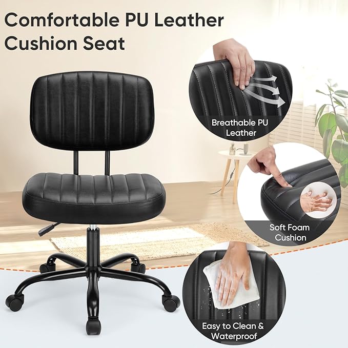 DUMOS Small Armless Home Desk Chair with Low Back Lumbar Support, Height Adjustable PU Leather Computer Task Chair with 360° Swivel Wheels, for Small Space, Adults, New Black
