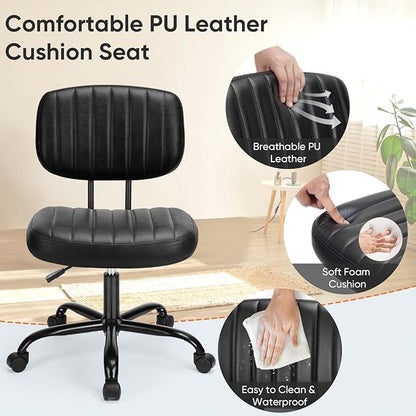 DUMOS Small Armless Home Desk Chair with Low Back Lumbar Support, Height Adjustable PU Leather Computer Task Chair with 360° Swivel Wheels, for Small Space, Adults, New Black
