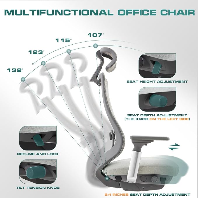 COLAMY Ergonomic Mesh Office Chair, High Back Computer Executive Desk Chair with Adjustable Headrest and 4D Arms, Slide Seat, Tilt Lock-Light Grey