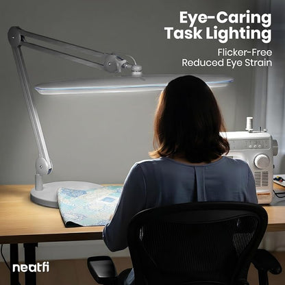 Neatfi XL 24W LED Desk Lamp – 2,200 Lumens | 23” Wide Shade | Dimmable Eye-Caring Task Light | Adjustable Arm | Office, Study, Crafting & Nail Techs (Silver, Non-CCT with Base)