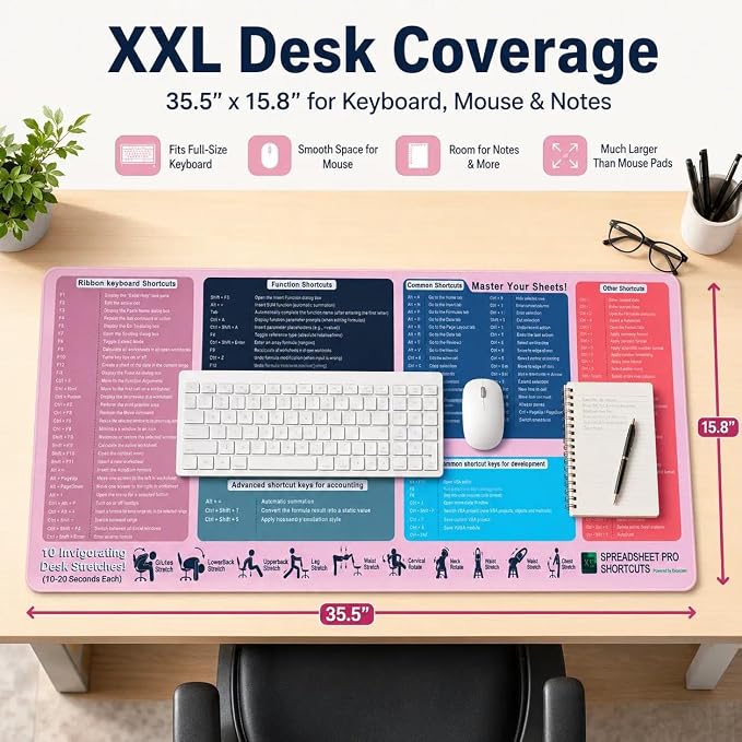 Excel Cheat Sheet Desk Pad, XXL 35.5 x 15.8 in Large Mouse Pad with Excel Shortcuts, Non-Slip Spreadsheet Reference Desk Mat for Office, Accountants, Students & Home Office, Blush Pink