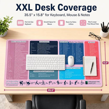 Excel Cheat Sheet Desk Pad, XXL 35.5 x 15.8 in Large Mouse Pad with Excel Shortcuts, Non-Slip Spreadsheet Reference Desk Mat for Office, Accountants, Students & Home Office, Blush Pink