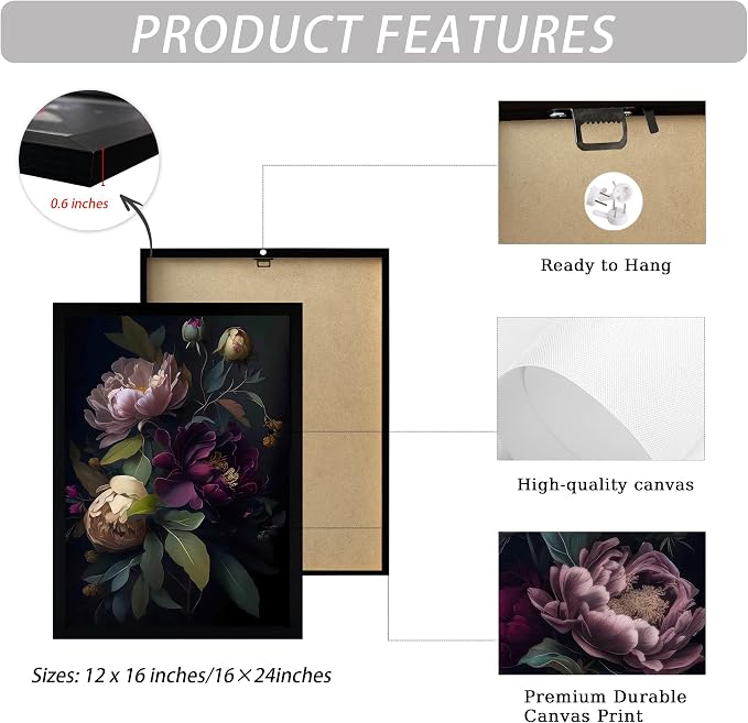 ICHZUMW Moody Peony Floral Canvas Wall Art Set of 3, Black Wood Framed Dark Academia Gothic Botanical Wall Decor, Ready to Hang Fade‑Resistant Flower Pictures for Bedroom Living Room Bathroom, 16×24in
