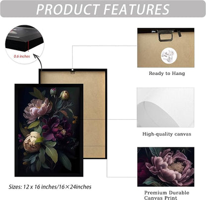 ICHZUMW Moody Peony Floral Canvas Wall Art Set of 3, Black Wood Framed Dark Academia Gothic Botanical Wall Decor, Ready to Hang Fade‑Resistant Flower Pictures for Bedroom Living Room Bathroom, 16×24in