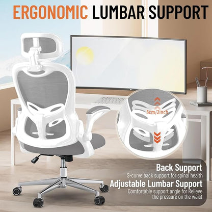 Office Chair, Ergonomic Breathable Mesh Chair,Flip-Up Arms and Adjustable High Back Lumbar Support,Comfy Computer Chair for Home Office (Grey, 407)