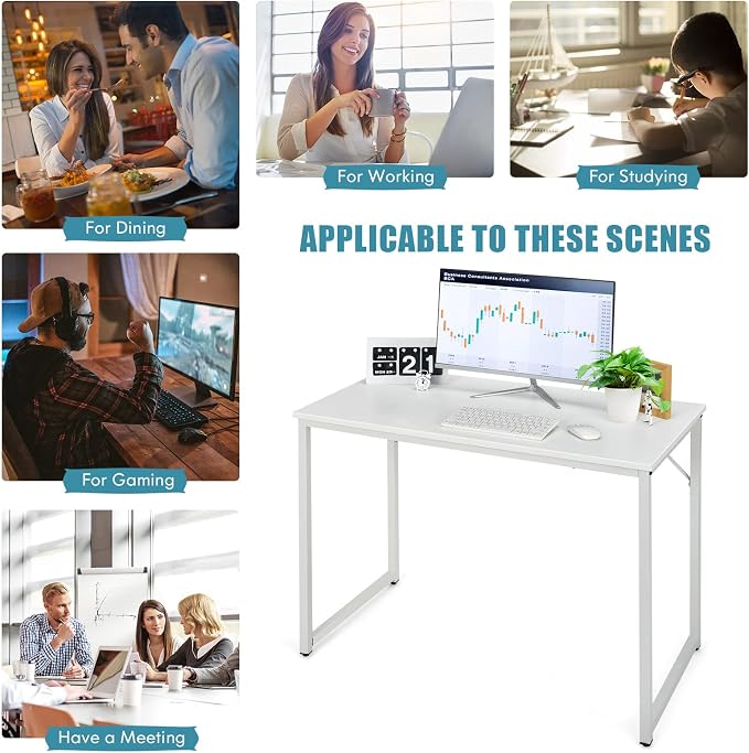 COSTWAY Home Office Computer Desk, 40 inch Modern Simple Writing Study Desk, Metal Frame Gaming Desk, Laptop PC Workstation for Living Room, Bedroom & Study (White)