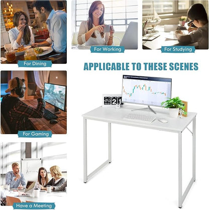 COSTWAY Home Office Computer Desk, 40 inch Modern Simple Writing Study Desk, Metal Frame Gaming Desk, Laptop PC Workstation for Living Room, Bedroom & Study (White)