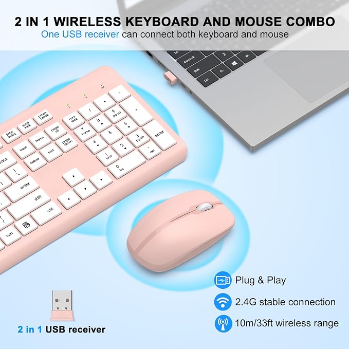 Wireless Keyboard and Mouse Combo, Full-Size Silent Ergonomic Keyboard and Optical Mouse, Long Battery Life, 2.4G Lag-Free Mice Keyboard for Computer, Mac, Laptop, PC, Windows(White Pink)