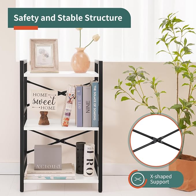 Yoobure Bookshelf Small Book Shelf, Solid Industrial 3 Tier Shelf Bookcase, Short Book Case for Bedroom, Living Room, Office Home, Small Spaces, Easy Assembly, White