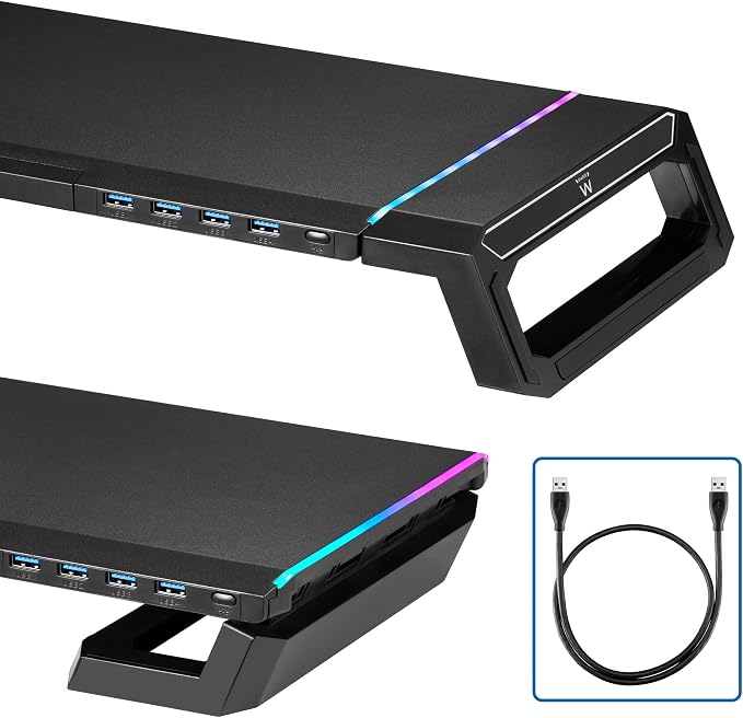 Ewent RGB Monitor Stand, Adjustable Screen Stand, Foldable with Storage Drawer, Smartphone and Tablet Holder + 4 USB 3.2Gen1 Ports, Monitor Riser for PC/Laptop/iMac, Black