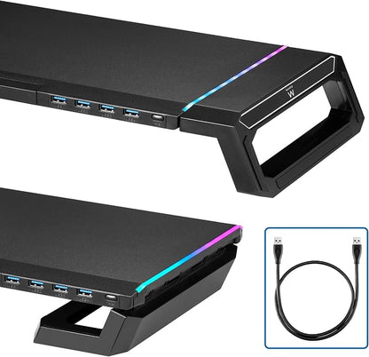 Ewent RGB Monitor Stand, Adjustable Screen Stand, Foldable with Storage Drawer, Smartphone and Tablet Holder + 4 USB 3.2Gen1 Ports, Monitor Riser for PC/Laptop/iMac, Black