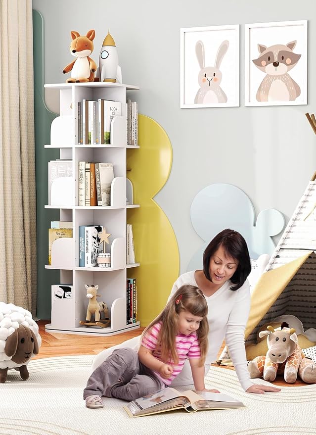 Turosur Rotating Bookshelf Tower, 4 Tier Spinning Square Bookshelf for Small Spaces, 360 Display Kids Bookshelves, Revolving Bookcase Floor Standing Storage Rack, White