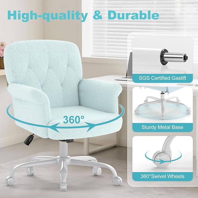 Comfy Home Office Desk Chair, Upholstered Fuzzy Vanity Chair with Wheels and Arms, Modern Adjustable Swivel Computer Seat for Make Up, Home Office, Living Room, Bedroom, Teddy Fleece, Blue