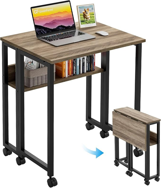 GreenForest Folding Desk with Wheels, 24.8 Inch Compact Rolling Computer Table with Storage Shelf, Portable Mobile Workstation for Small Spaces, Easy Assembly,Grey Wash