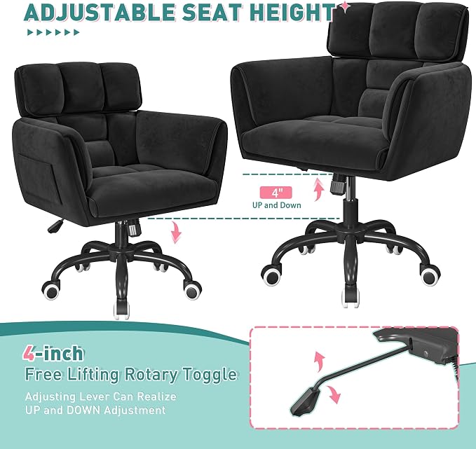 DurayLoly Home Office Chair with Wheels Soft-Touch Material,Modern Cute Vanity Chair with Back Adjustable Height Upholstered Comfy Desk Chairs with Side Pockets for Bedroom,Black