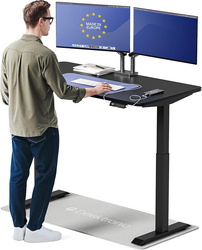 Desktronic HomeOne Standing Desk 54x28 — Ergonomic Sit Stand Home Office Desk, Made in Europe, Electric Dual Motor Height Adjustable, USB & USB-C Charging, Wobble-Free, Touchscreen, 3 Memory Presets