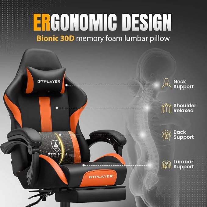 GTPLAYER Gaming Chair with Pocket Spring Cushion, Leather Office Chair with Ergonomic High Back & Lumbar Support for Back Pain Relief, Computer Game Chair for Adults, Orange