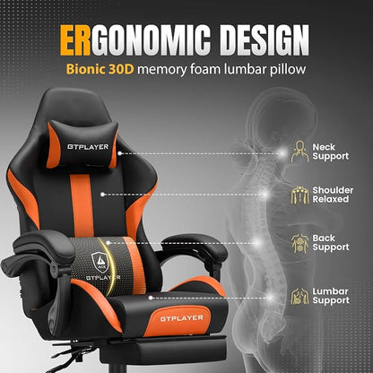 GTPLAYER Gaming Chair with Pocket Spring Cushion, Leather Office Chair with Ergonomic High Back & Lumbar Support for Back Pain Relief, Computer Game Chair for Adults, Orange