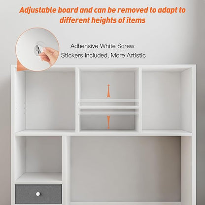 REIBII Desktop Bookshelf,Adjustable Desktop Organizer,High-Capacity Desk Hutch Organizer with 7 Shelves and 2 Drawers for Computer Desk,Desk Shelf for Top of Desk, Desk Hutch Dorm, White