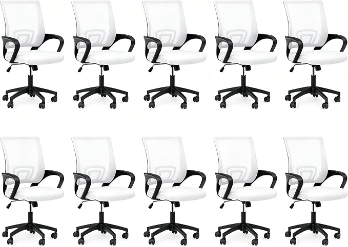 Office Chair, Ergonomic Mid-Back Mesh Desk Chair, 10 Pack, White | Lumbar Support, Adjustable Height, Rolling Wheels Design, Comfy Armrest, For Work, Study, Gaming