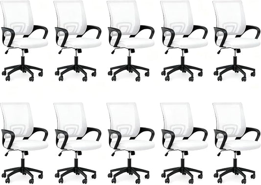 Office Chair, Ergonomic Mid-Back Mesh Desk Chair, 10 Pack, White | Lumbar Support, Adjustable Height, Rolling Wheels Design, Comfy Armrest, For Work, Study, Gaming
