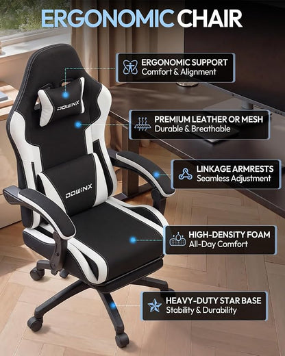 Dowinx Ergonomic Gaming Chair with Footrest & Massage Lumbar, 2D-Linkage Armrests for Computer Chair 330lbs with Headrest Pillow for Office, Home, Streaming and Long Gaming Sessions, Fabric White