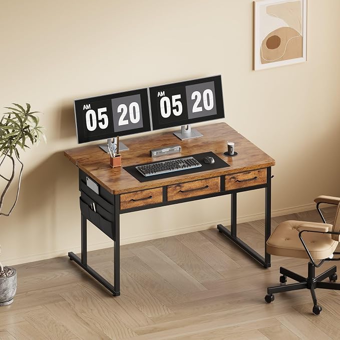 Maihail Small Desk with Drawers, 39.4X15.8-22.9 Inches Office Computer Desk with Side Pocket & Ergonomic Monitor Stand, Writing Table for Small Spaces, Bedroom, Rustic Brown