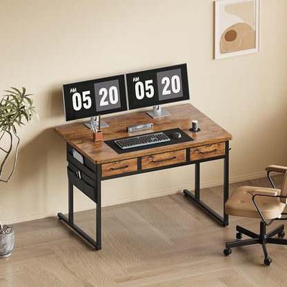 Maihail Small Desk with Drawers, 39.4X15.8-22.9 Inches Office Computer Desk with Side Pocket & Ergonomic Monitor Stand, Writing Table for Small Spaces, Bedroom, Rustic Brown