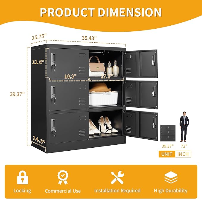 Metal Lockers for Employees, Storage Employee Locker, 72" Storage Lockers with Shelves Steel Cabinet for Home (Black, 6 Door)
