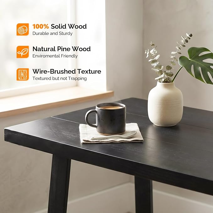VINGLI 48 Inch Farmhouse Dining Table for 4-6, Solid Pine Wood Table with 4 Corner Protectors, Rectangular Dining Table for Kitchen, Dining Room, Small Apartment, Studio, Family Dinner, Black