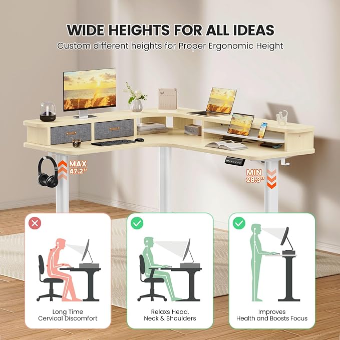 Flycity Electric L Shaped Standing Desk with Drawers, 63" x 55" Corner Standing Desk Adjustable Height, Stand Up Home Office Desk, Dual Motor Sit Stand Desk with 3 Memory Preset & Lock, Maple