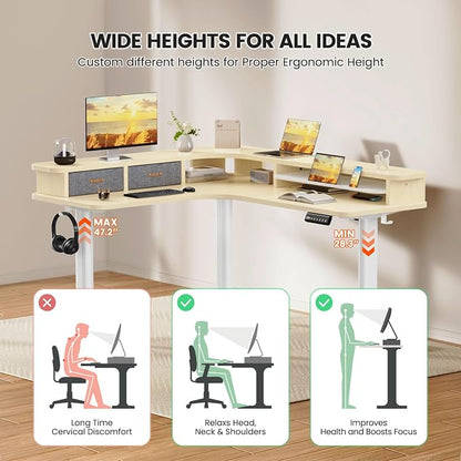 Flycity Electric L Shaped Standing Desk with Drawers, 63" x 55" Corner Standing Desk Adjustable Height, Stand Up Home Office Desk, Dual Motor Sit Stand Desk with 3 Memory Preset & Lock, Maple