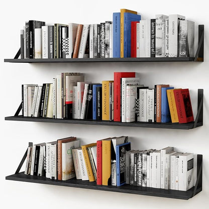 Forbena Floating Shelves 36 Inches Long 8 in Deep Set of 3, Large Wall Shelf for Bedroom Books, Heavy Duty Wide Wall Shelving for Living Room Office Kitchen Closet Organizers and Storage (Black)